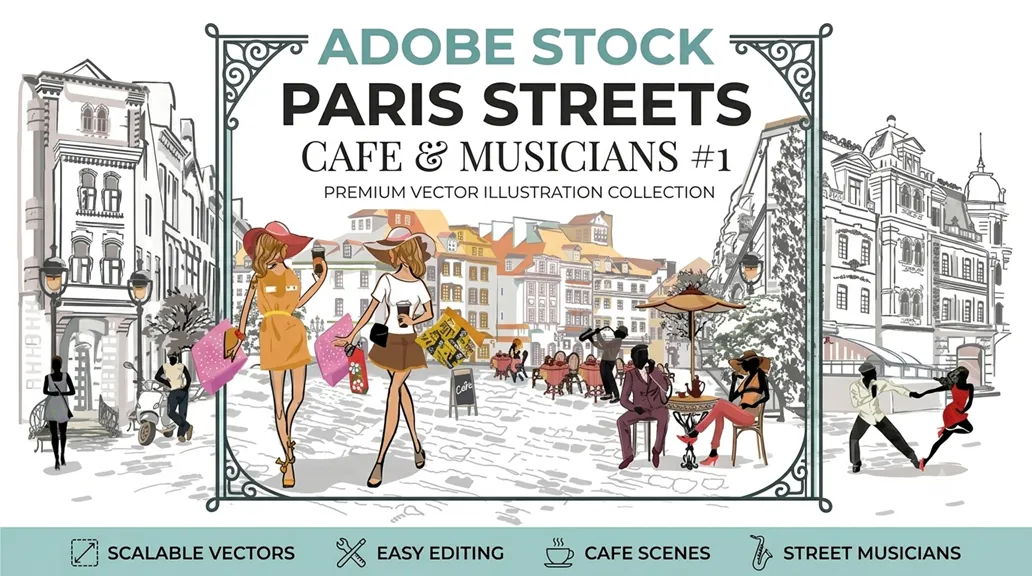 Векторный клипарт - Adobe Stock - Paris Streets - Cafe's & Musicians #1 [AI]